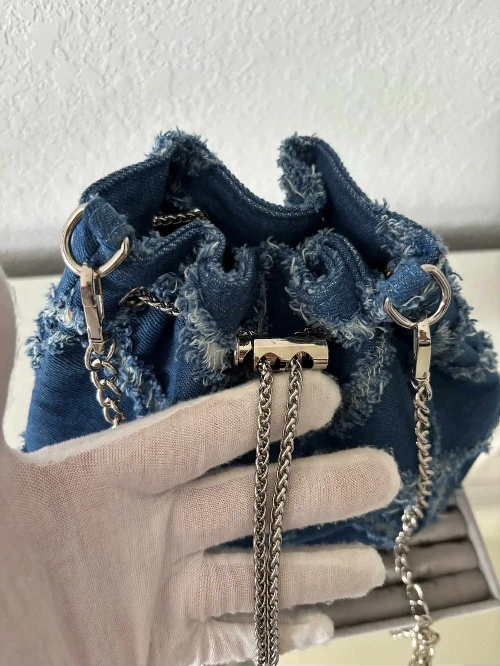 Denim Bucket Bag Frayed Patchwork Silver Chain Crossbody Shoulder Purse Blue